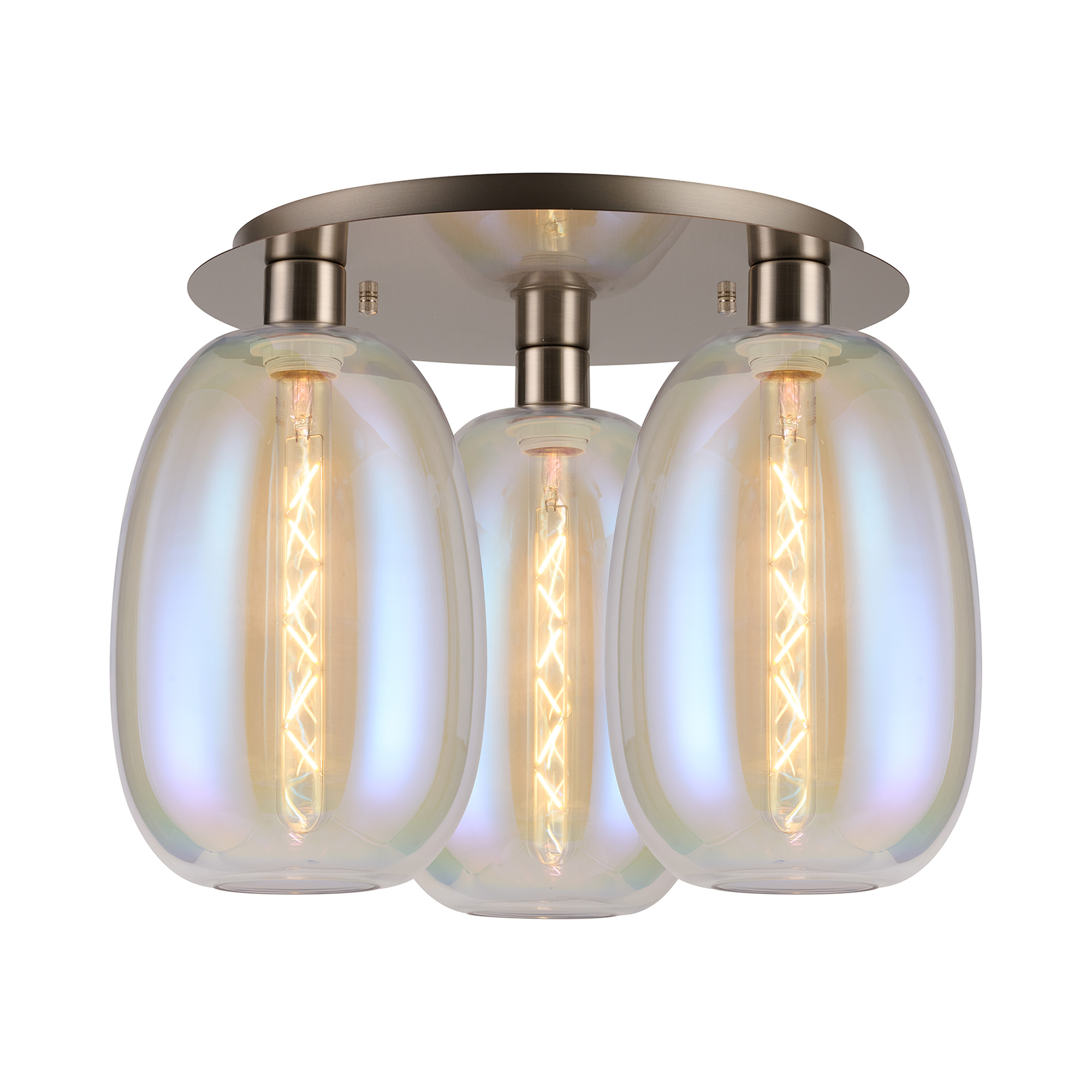 DK1425  Lori 40cm Round Ceiling Flush, 3 Light Flush Fitting, Satin Nickel/Iridescent Slim Curved Trapezium Shades